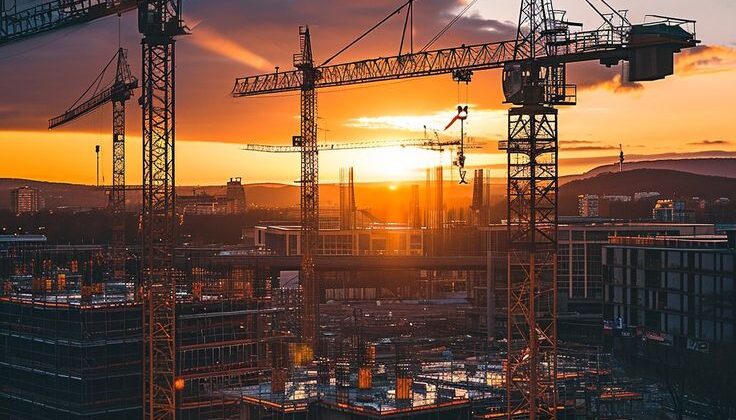 multiple cranes at construction site. warehouse construction site
